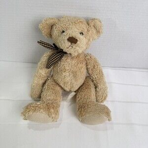 VTG Russ Berrie Tan Teddy Bear 11" Plush Shaggy Fur Gingham Plaid Bow